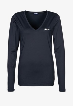 Zwart sportshirt met lange mouwen en V-hals, voorzien van een klein wit ASICS-logo op de linkerborst, getailleerde pasvorm en gladde stof.