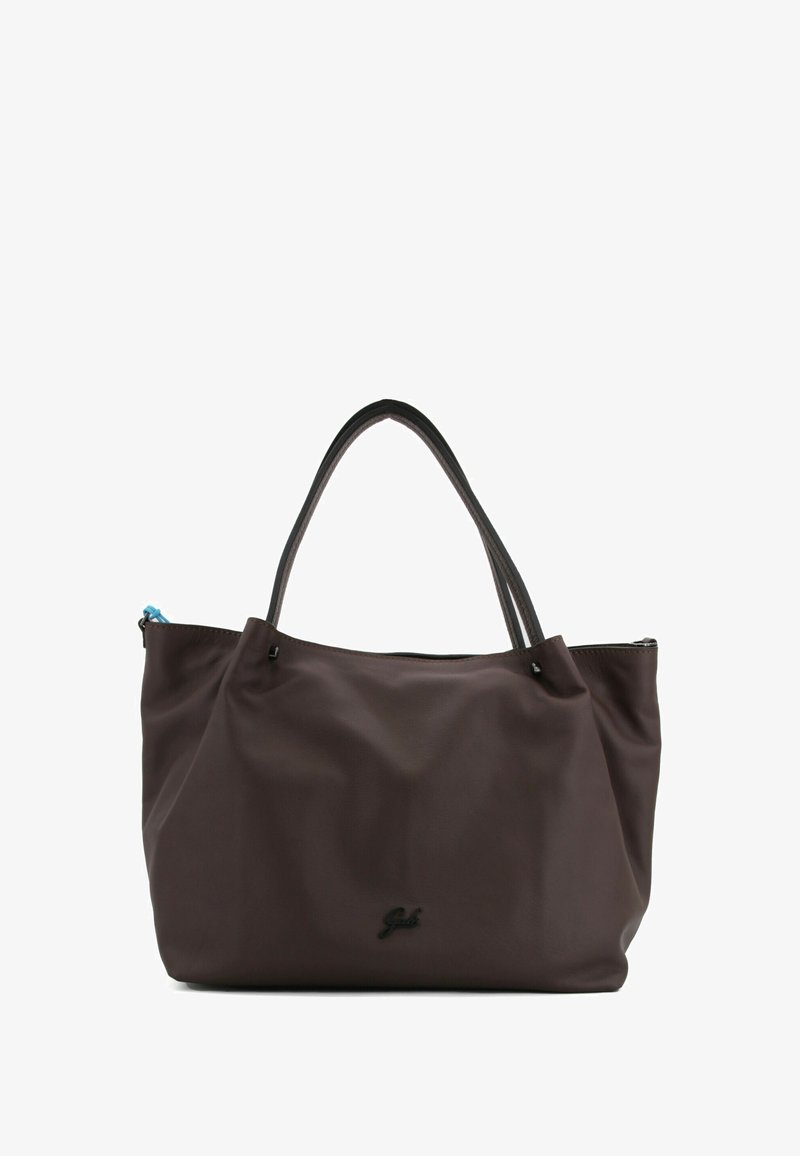 Borsa tote in nylon marrone con texture liscia, due manici lunghi e una cerniera blu come dettaglio. Presenta un logo discreto sulla parte frontale.