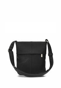 Borsa a tracolla in pelle nera con design strutturato, texture liscia, tracolla regolabile e dettagli di branding discreti sul lato.
