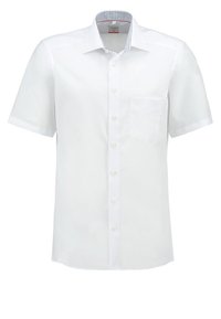 Chemise blanche à manches courtes boutonnée, avec une poche poitrine, un col ouvert et une doublure intérieure du col à motifs.