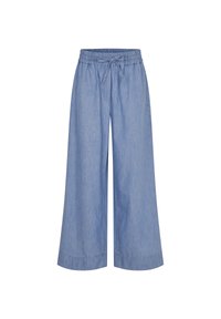 Pantalones de pierna ancha de chambray azul claro con cintura elástica y cordón. Textura suave, puños rematados y sin bolsillos visibles.