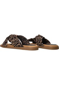 Brown leopard print slippers with a knotted fabric upper and a soft footbed. The sole is flat and made of durable material.