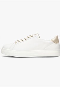 White leather sneaker with a smooth texture, gold accents on the heel and eyelets, round toe, and a flat rubber sole.
