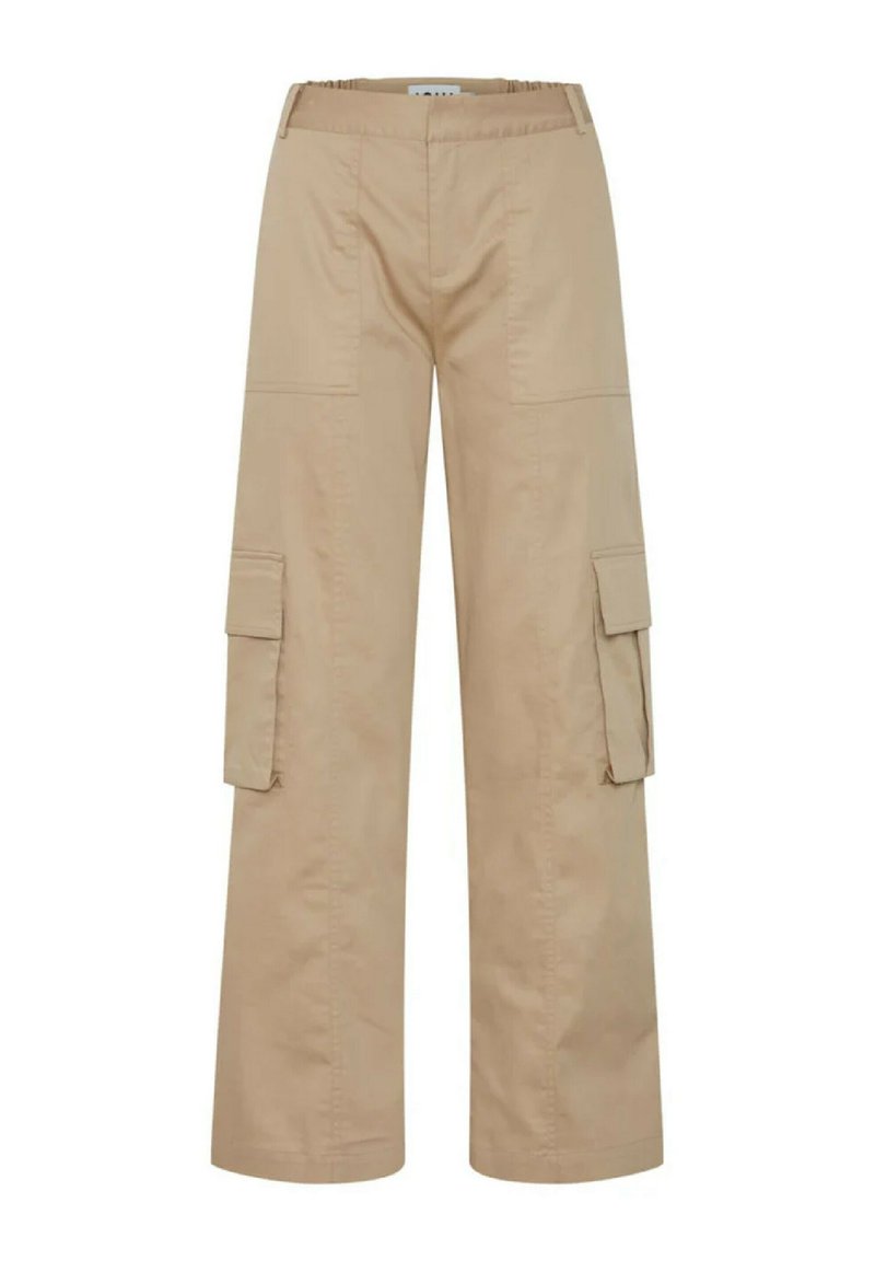 Pantaloni cargo beige con una vestibilità rilassata, caratterizzati da numerose tasche laterali, un tessuto testurizzato e una vita elasticizzata per il comfort.