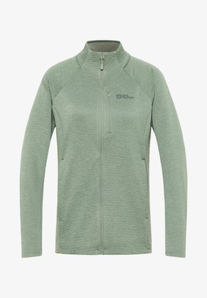 Πράσινο φούτερ με μεσαία ζωνάκια από υφασμάτινη υφή, ψηλό γιακά και μανίκια ραγκλάν, με λογότυπο στο αριστερό στήθος και τσέπες με φερμουάρ.