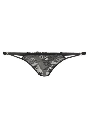 Black lace thong with sheer fabric, floral pattern, adjustable side straps, and metal accents. Features minimal coverage and delicate texture.