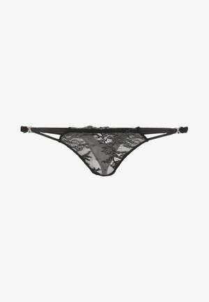 Sorte blonde truse med gjennomsiktig stoff, blomsterdesign, justerbare sidebånd og metalldetaljer. Har minimal dekning og delikat tekstur.