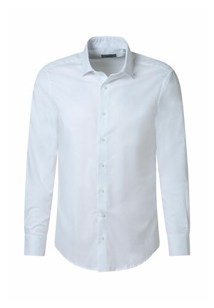 Weißes Langarmshirt aus glattem Stoff mit einer durchgehenden Knopfleiste, spitzem Kragen und gerafften Manschetten für Bewegungsfreiheit.