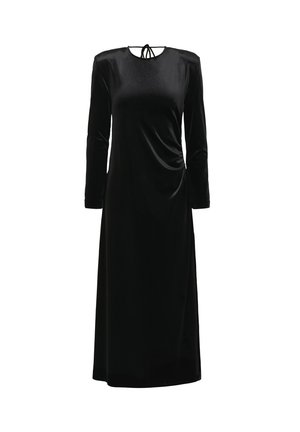 Black velvet long-sleeve dress with a round neckline and tie closure at the back; features a side ruching detail for added texture.