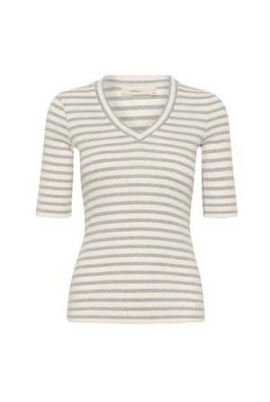 T-shirt z V-izrezom z enim odtenkom in lahkotnim materialom. Ima sive in bele vodoravne črte, kratke rokave in prilegajoč kroj.