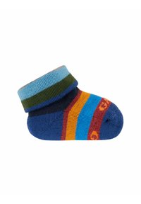 Calzini colorati per bambini con una base blu e strisce alternate arancioni, verdi e bordeaux, tessuto morbido e bordo arrotolato.