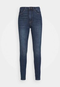 Högmidjade skinny jeans i mörkblå denim med en mjuk textur, med två framfickor och knäppning fram.
