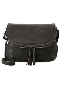 Borsa a tracolla in pelle nera con chiusura con zip, pattina pieghevole e doppie frange come dettagli decorativi. Dotata di una tracolla removibile.