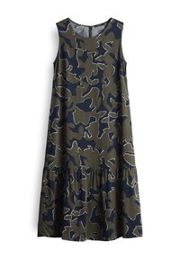 Robe sans manches, coupe ample, à motif camouflage abstrait vert olive et bleu marine, encolure ronde et ourlet à volants.