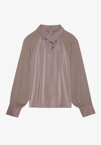 Langärmlige Bluse aus weichem Taupe-Stoff mit gefaltetem Kragen, plissiertem Vorderteil und ärmeln mit Manschetten und strukturierten Akzenten.