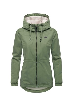 Groene, lichtgewicht jas met een capuchon, ritssluiting aan de voorkant en trekkoord. Voorzien van een gevoerde binnenkant en elastische manchetten. Rechte, ontspannen pasvorm.