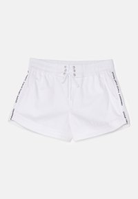 Witte katoenen shorts met een elastische tailleband, een voorzijde met vetersluiting en zijaccenten met tekst. Kenmerkt zich door een relaxte pasvorm en een soepele textuur.