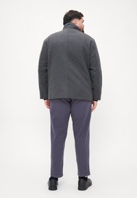 Palton din lână gri închis cu guler în picioare, asortat cu pantaloni purpurii și pantofi negri, văzut din spate. Textură netedă, potrivire personalizată.
