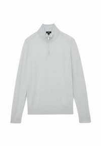 Pulover gri deschis realizat dintr-un material tricotat moale, cu guler înalt și închidere cu fermoar, mâneci lungi. Textură simplă și netedă pe întreaga suprafață.