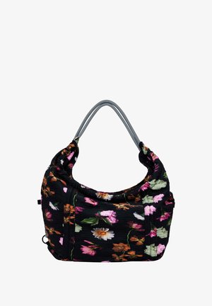 Svart tygväska med ett blommönster i rosa, vitt och grönt. Har en rynkad design och två randiga handtag.