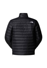 Giacca imbottita nera con colletto alto, design trapuntato e texture leggermente lucida. Presenta il logo The North Face sulla parte superiore sinistra della schiena.