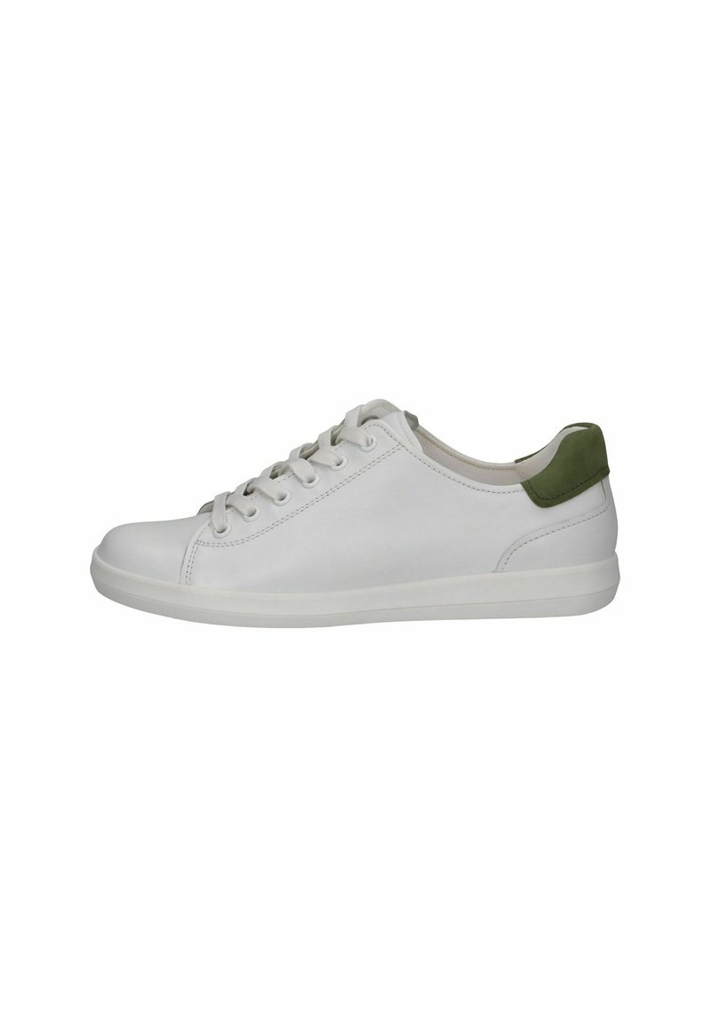 Tenisi albi din piele cu accent verde pe călcâi, vârf rotund, design cu șireturi și talpă din cauciuc alb texturat. Estetică curată și minimalistă.