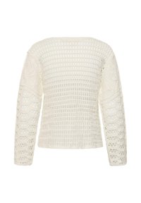 Langærmet hvid hæklestrikket sweater med åbne vævemønstre, rund halsudskæring og semi-gennemsigtigt tekstureret design.