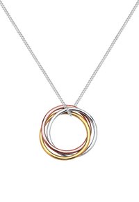 Silberkette mit drei miteinander verbundenen Ringen aus Roségold, Silber und Gelbgold.