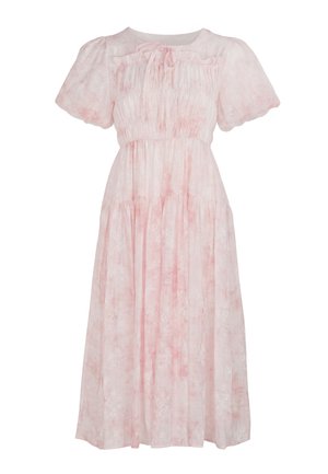 Hellrosa, kurzärmeliges Midikleid mit gerafftem Oberteil, dezentem Blumenmuster und kleiner vorderer Bindung am Ausschnitt.