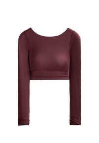 Burgundské dlhé rukávy s cropped strihom vyrobené z hladkej látky; má široký okrúhly výstrih a skrútený detail na koncoch rukávov.