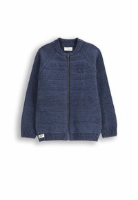 Granatowy sweter zapinany na zamek z prążkowanymi mankietami i dołem, wzorzysty, z haftowanym logo na piersi i metką w lewym dolnym rogu.