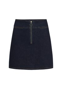 Dark blue denim skirt featuring a front zipper and ring pull, with contrast stitching and a straight cut design.