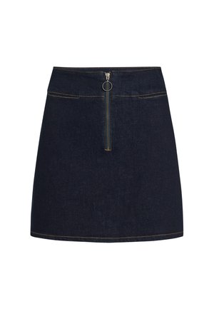 Dark blue denim skirt featuring a front zipper and ring pull, with contrast stitching and a straight cut design.
