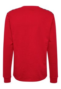 Rode langekous shirt met een ronde hals, met een gladde textuur en zwarte accenten op de schouders. De manchetten zijn strakkend.