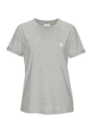 Grey short-sleeve crew neck t-shirt with a small white heart embroidered on the left chest.