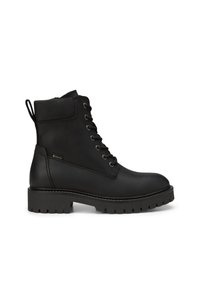 Schwarze Knöchelstiefel aus glattem Leder mit 6 Ösen, runder Zehenpartie, dickem Profilsohle und Zuglasche an der Ferse; GORE-TEX-Branding sichtbar.