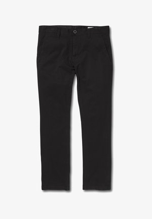 Black cotton chinos with a straight fit, featuring a zip fly, belt loops, and front slant pockets. Smooth texture, clean design.