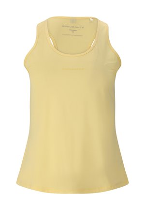 Gul, ærmeløs atletisk tanktop til kvinder med racerback-stil, størrelse 38, mærket "Udholdenhed" og "Innovated in Denmark".