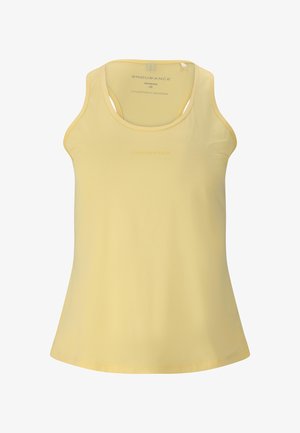 Gul, ærmeløs atletisk tanktop til kvinder med racerback-stil, størrelse 38, mærket "Udholdenhed" og "Innovated in Denmark".