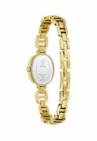 Montre en acier inoxydable doré avec un bracelet à maillons et un cadran rond, affichant le logo de la marque au dos. Conception élégante et moderne.