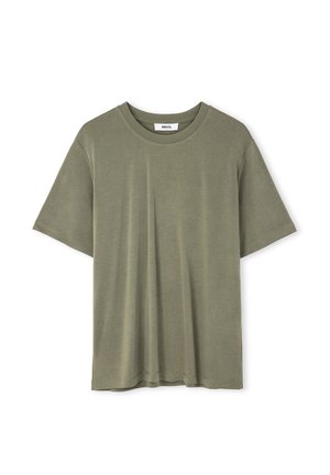 Olive green cotton t-shirt with short sleeves, round neckline, loose fit, and a smooth texture. No visible patterns or accents.