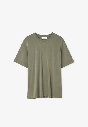 Olive green cotton t-shirt with short sleeves, round neckline, loose fit, and a smooth texture. No visible patterns or accents.