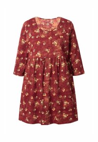 Weinrotes Kleid mit rundem Ausschnitt und Dreiviertelärmeln. Es hat ein florales Muster in Gelb und Grün und eine geraffte Taille.