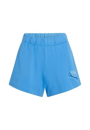 Modri bombažni kratki hlače z elastičnim pasom, z belim logotipom in oblikovnim detajlom na spodnji levi strani ter gladko teksturo.