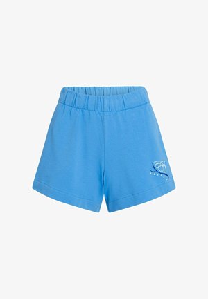 Pantalones cortos de algodón azul con cintura elástica, que presentan un logo blanco y detalle de diseño en la parte inferior izquierda, con una textura suave.