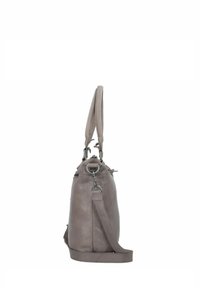 Borsa rotonda in pelle grigia con manici superiori, tracolla regolabile, hardware in argento e dettagli con zip. Texture liscia con cuciture minime.