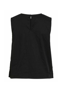 Sort ærmeløs top med nøglehul på ryggen og lige kant, lavet af glat stof.