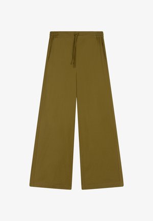 Wijde broekspijpen, olijfgroen, met elastische tailleband en trekkoord, voorzien van steekzakken aan de zijkant en een comfortabele, losse pasvorm.