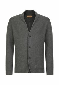 Dunkelgrauer, gerippter Strickcardigan mit Reverskragen, fünf Knopfverschluss und zwei Vorderfronttaschen. Weicher Stoff, lässige Passform.