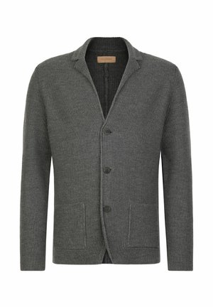 Dunkelgrauer, gerippter Strickcardigan mit Reverskragen, fünf Knopfverschluss und zwei Vorderfronttaschen. Weicher Stoff, lässige Passform.